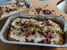 Load image into Gallery viewer, Cardamom / Pistachio cake made with using SpiceFix green cardamom pods, garnished with rose petals 
