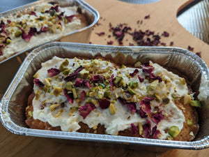 Cardamom / Pistachio cake made with using SpiceFix green cardamom pods, garnished with rose petals 