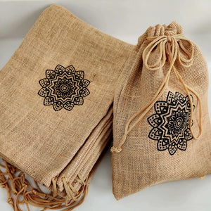 SpiceFix high quality burlap gift bags - stack of 10 on display